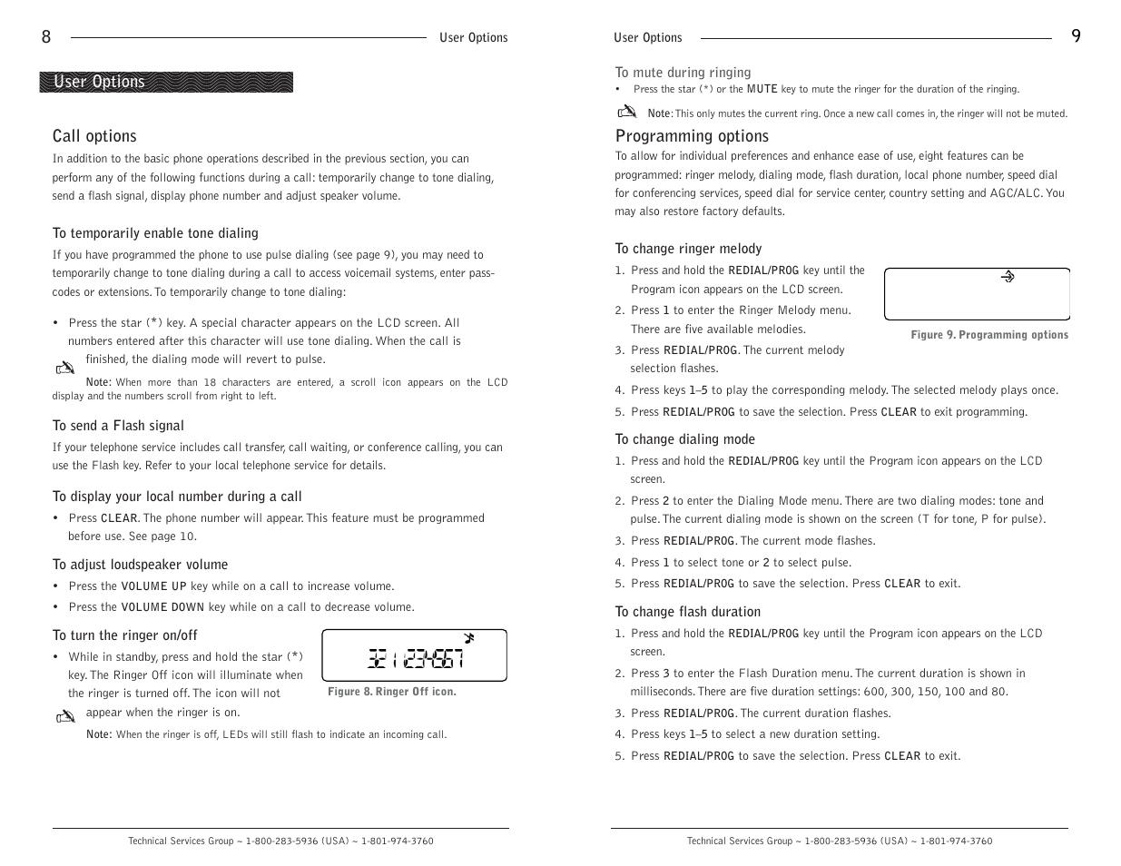 Programming options, Call options, User options | ClearOne comm MAXTM EX Telephone User Manual | Page 6 / 10