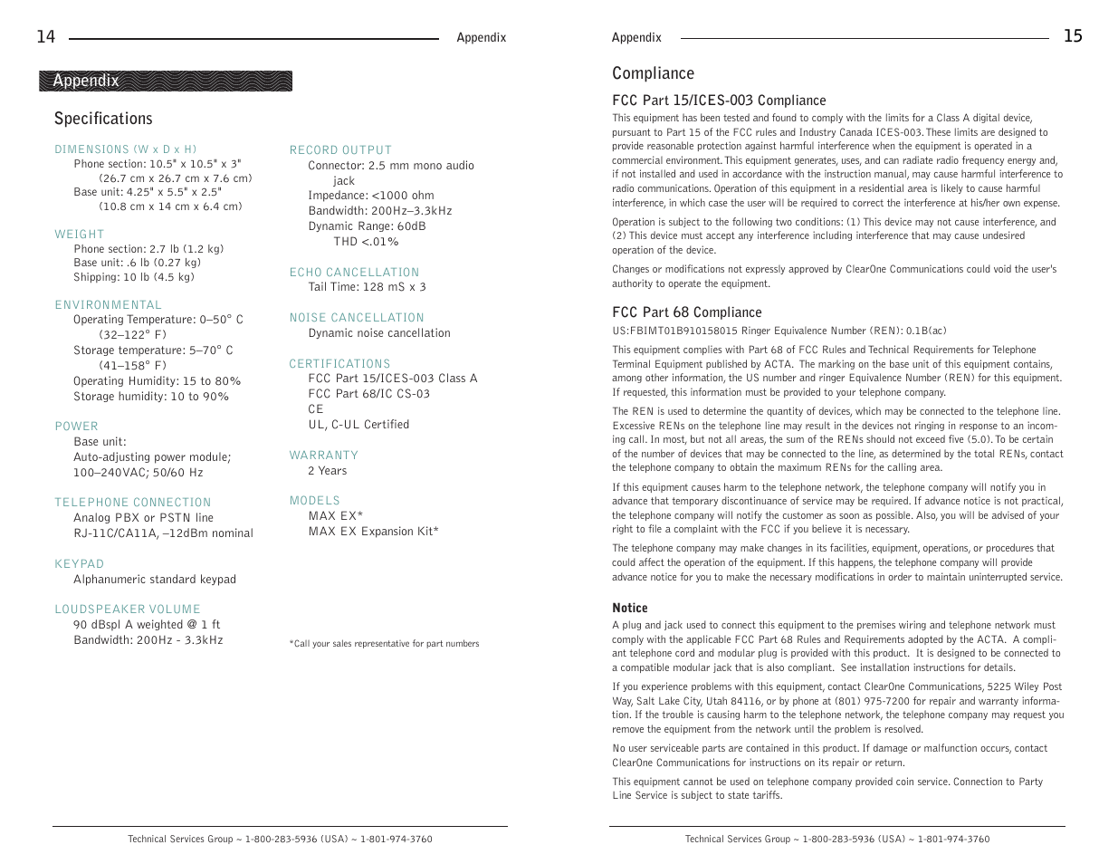14 appendix, Specifications compliance | ClearOne comm MAXTM EX Telephone User Manual | Page 9 / 10