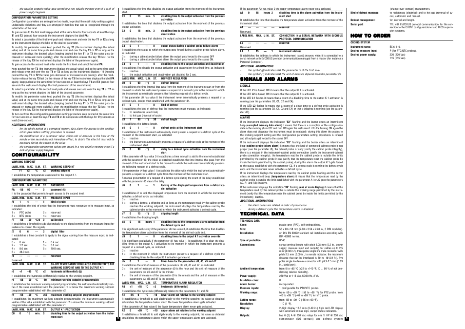 Configurability, Signals and alarms, Technical da | How to order | EVCO EC6110 User Manual | Page 2 / 2