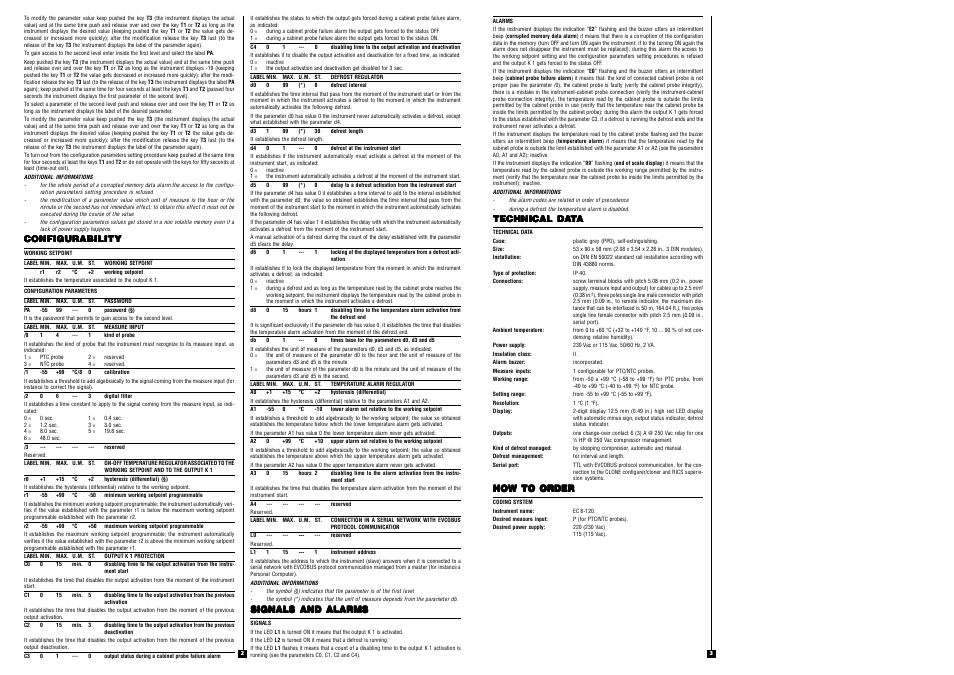 Configurability, Signals and alarms, Technical da | How to order | EVCO EC6120 User Manual | Page 2 / 2