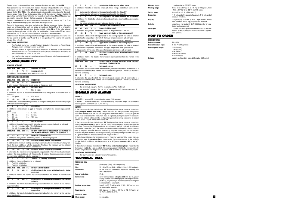 Configurability, Signals and alarms, Technical da | How to order | EVCO EC6130 User Manual | Page 2 / 2