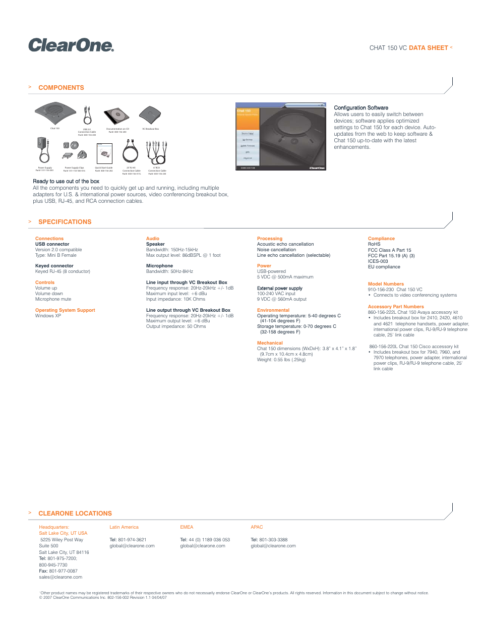Components chat 150 vc data sheet, Clearone locations, Specifications | ClearOne comm Chat 150 VC User Manual | Page 2 / 2