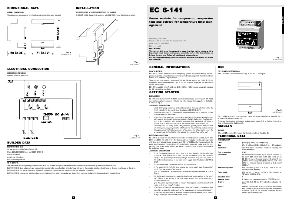 Ec 6-141, General informations, Getting started | Signals, Technical data, Dimensional data, Installation, Electrical connection, Builder data | EVCO EC6141 User Manual | Page 2 / 2