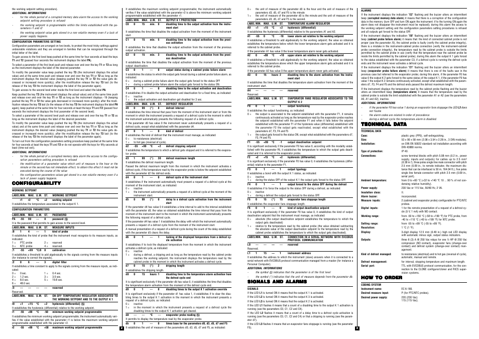 Configurability, Signals and alarms, Technical da | How to order | EVCO EC6180 User Manual | Page 2 / 2