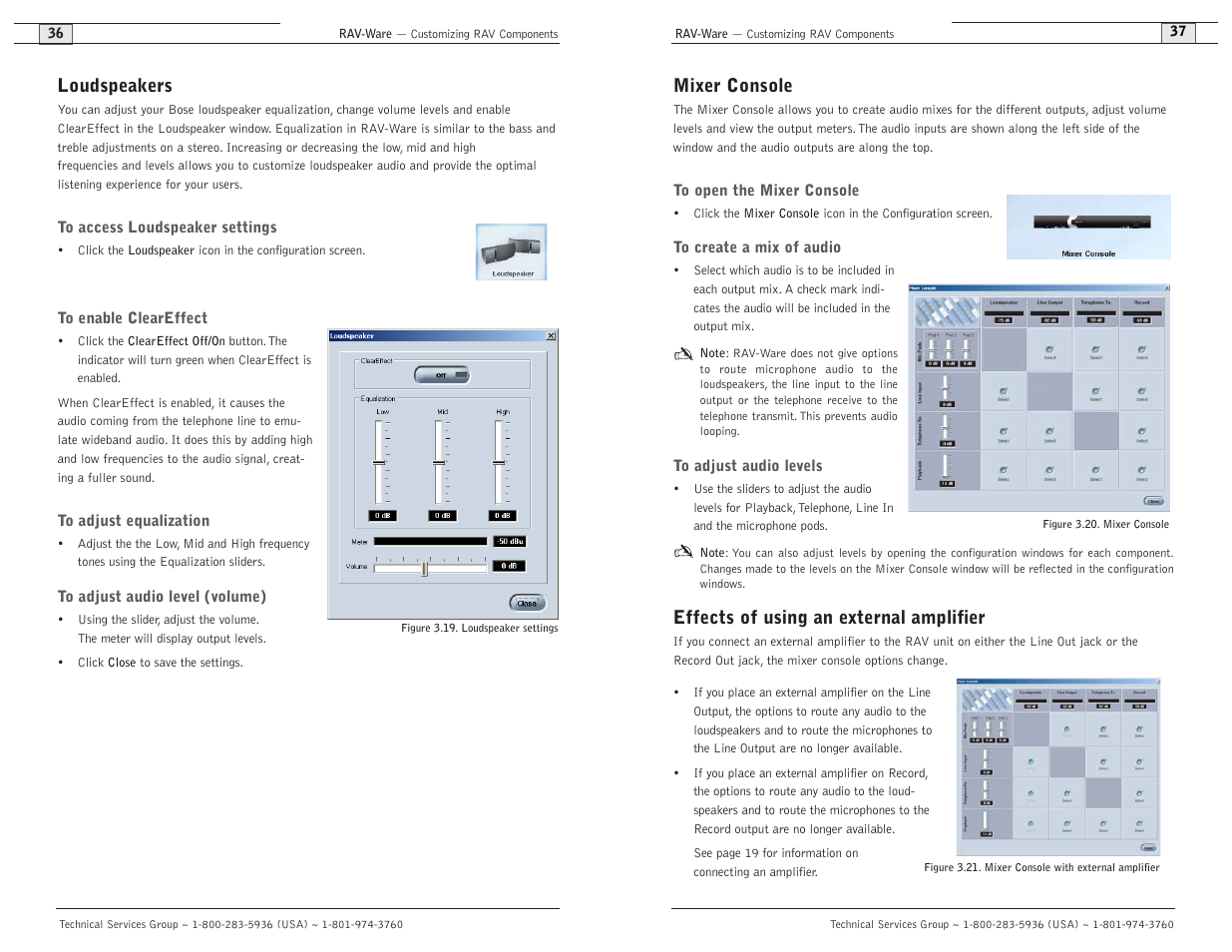 Mixer console, Effects of using an external amplifier, Loudspeakers | ClearOne comm ClearOne RAV 900 User Manual | Page 21 / 63