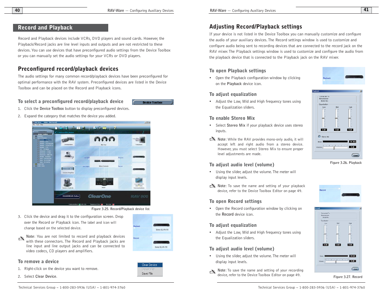 Adjusting record/playback settings, Preconfigured record/playback devices, Record and playback | ClearOne comm ClearOne RAV 900 User Manual | Page 23 / 63