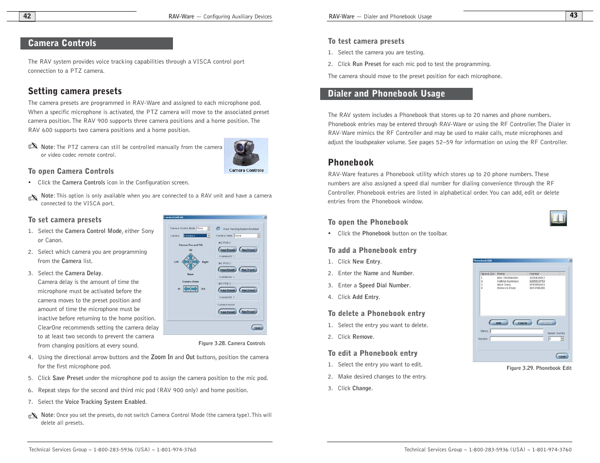 Phonebook, Dialer and phonebook usage, Setting camera presets | Camera controls | ClearOne comm ClearOne RAV 900 User Manual | Page 24 / 63
