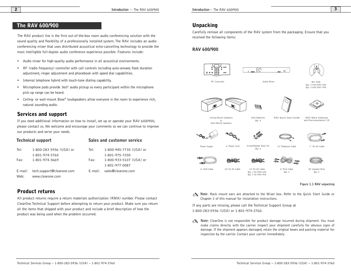 Unpacking, Services and support, Product returns | ClearOne comm ClearOne RAV 900 User Manual | Page 4 / 63