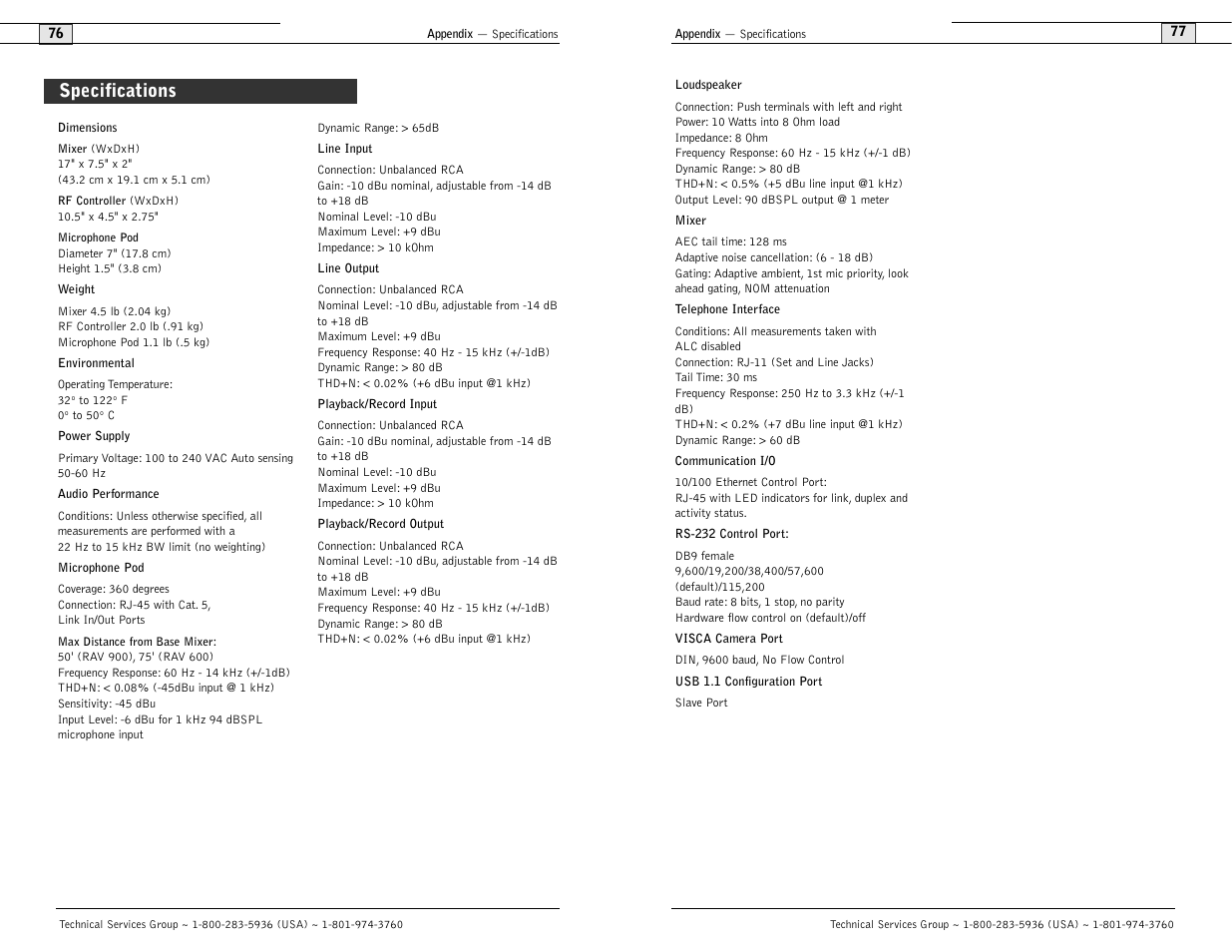 Specifications | ClearOne comm ClearOne RAV 900 User Manual | Page 41 / 63