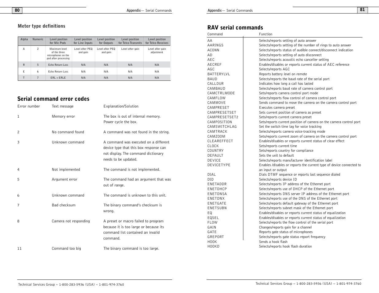 Serial command error codes, Rav serial commands, Meter type definitions | ClearOne comm ClearOne RAV 900 User Manual | Page 43 / 63