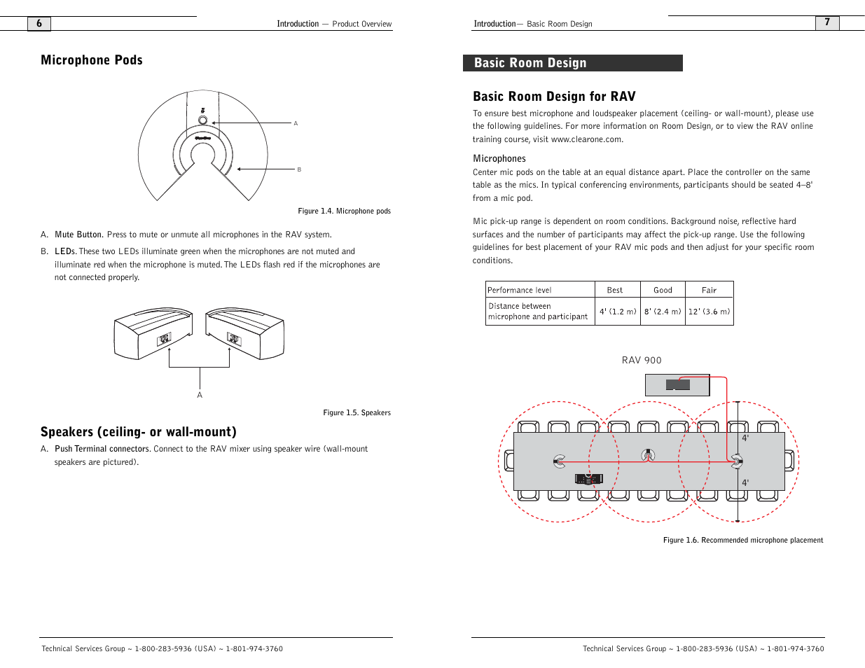Basic room design for rav, Microphone pods, Speakers (ceiling- or wall-mount) | Basic room design | ClearOne comm ClearOne RAV 900 User Manual | Page 6 / 63