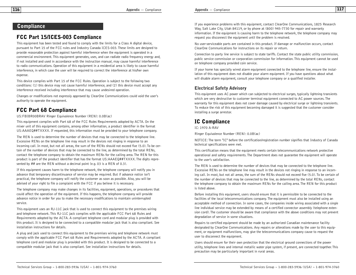 Ic compliance, Fcc part 68 compliance, Compliance | ClearOne comm ClearOne RAV 900 User Manual | Page 61 / 63