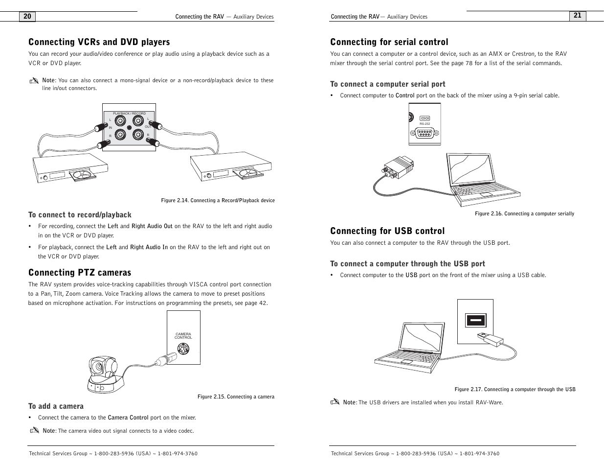 Connecting for serial control, Connecting for usb control, Connecting vcrs and dvd players | Connecting ptz cameras | ClearOne comm RAV 900 User Manual | Page 13 / 63