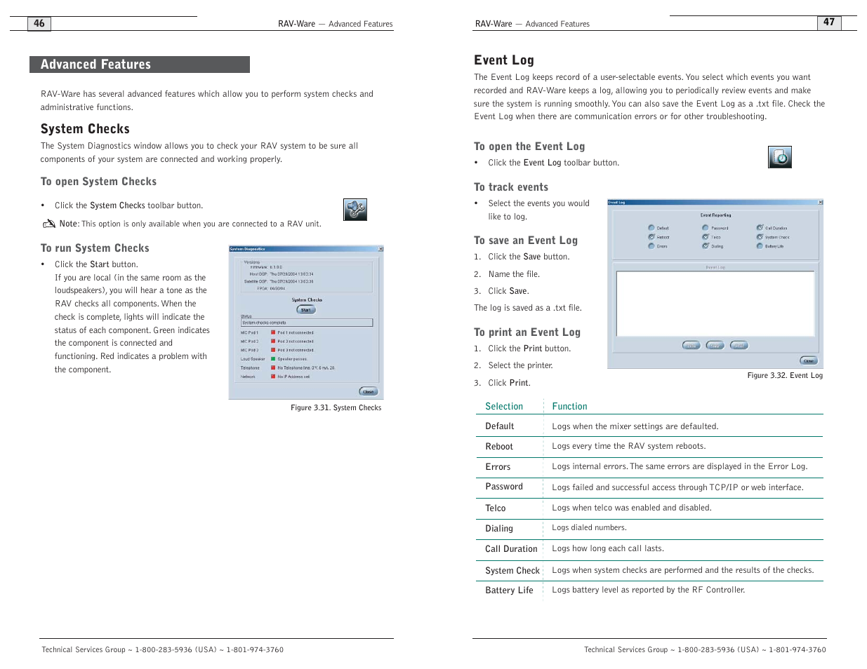 Event log, System checks, Advanced features | ClearOne comm RAV 900 User Manual | Page 26 / 63