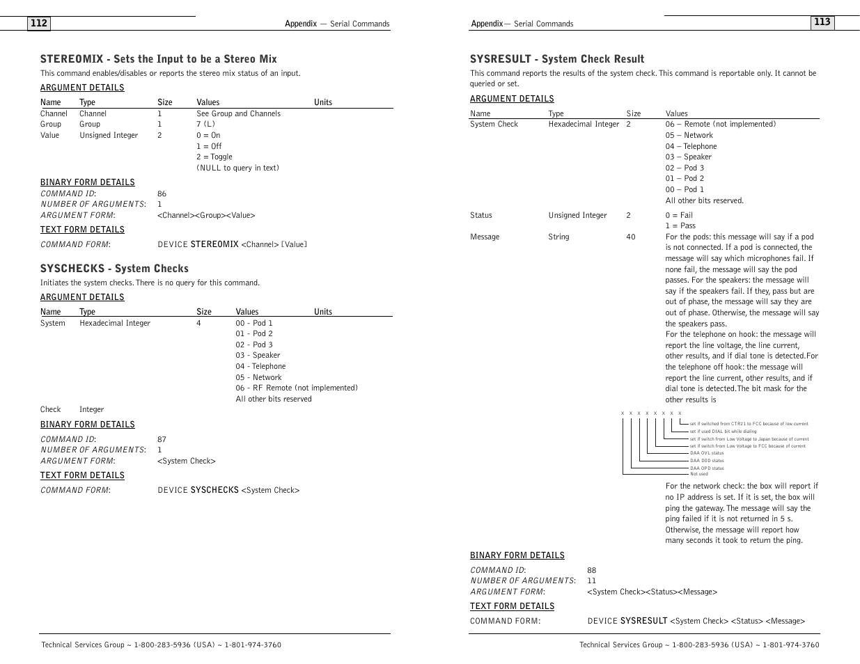 Sysresult - system check result, Stereomix - sets the input to be a stereo mix, Syschecks - system checks | ClearOne comm RAV 900 User Manual | Page 59 / 63