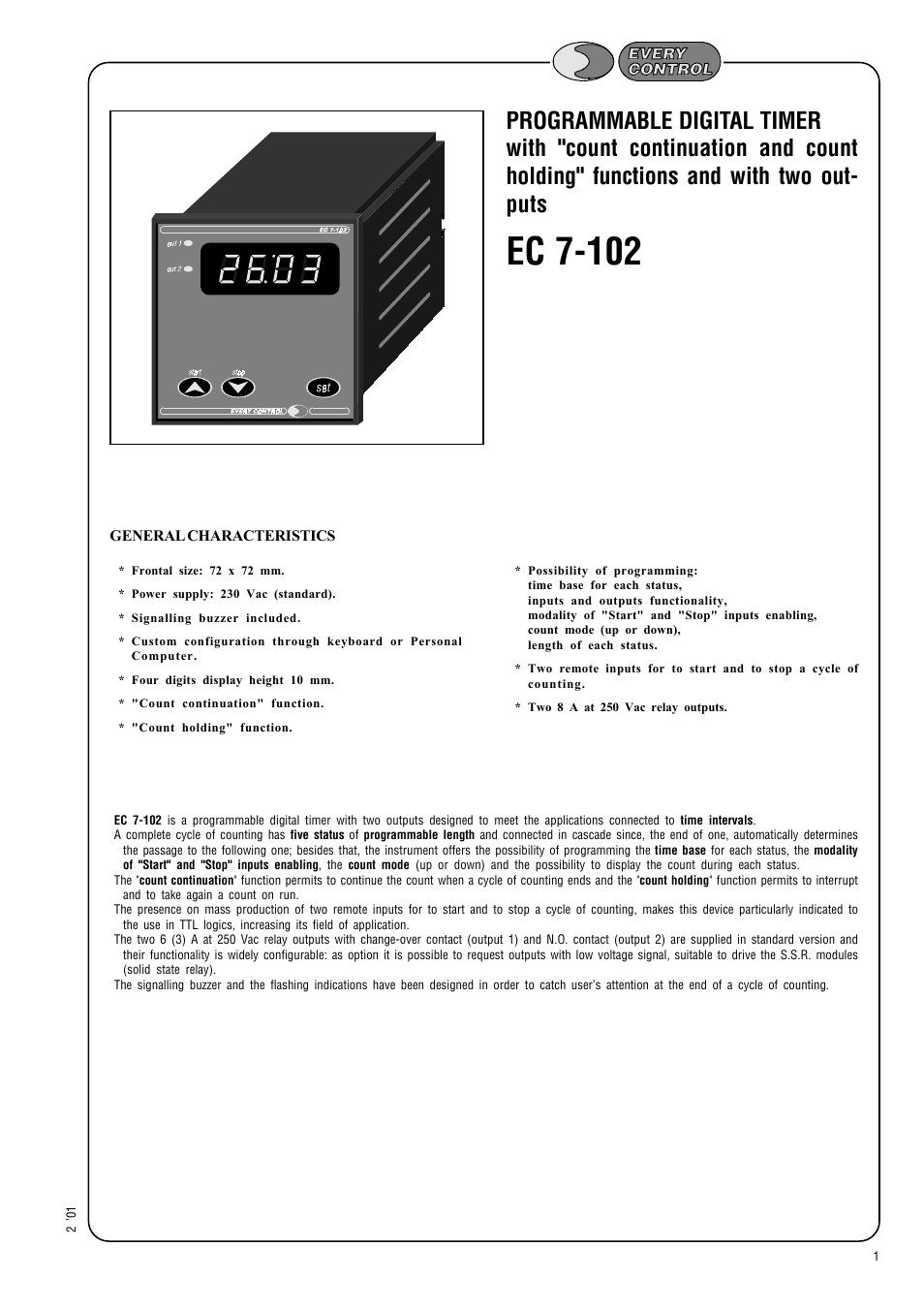 EVCO EC7102 User Manual | 6 pages