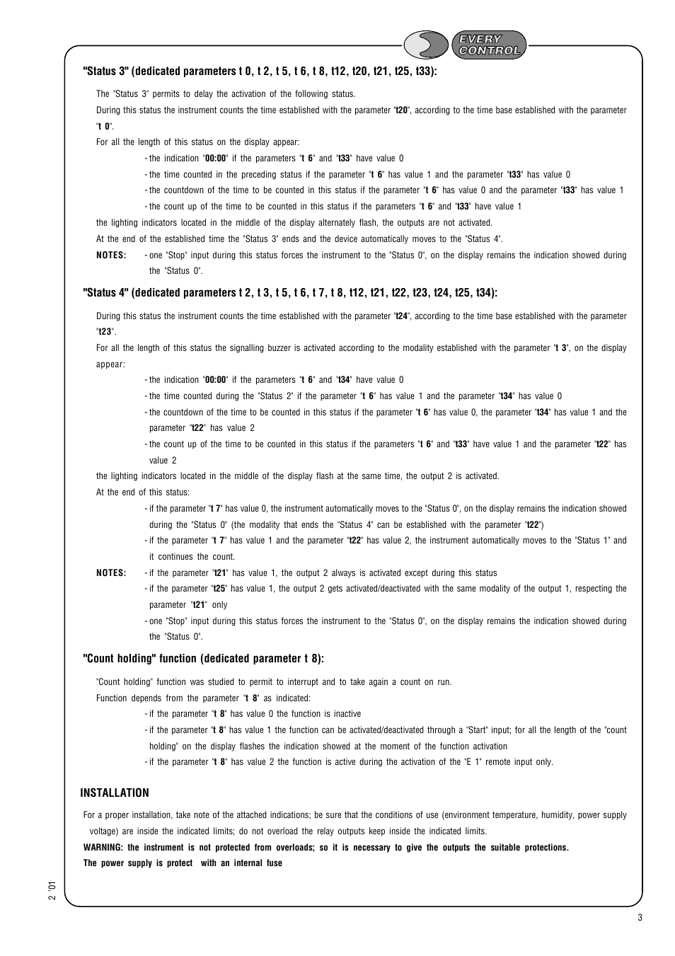 Count holding" function (dedicated parameter t 8), Installation | EVCO EC7102 User Manual | Page 3 / 6