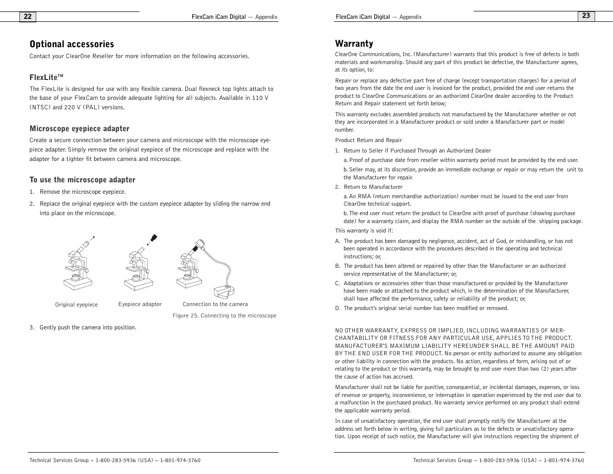 Warranty, Optional accessories | ClearOne comm FlexCam User Manual | Page 13 / 14