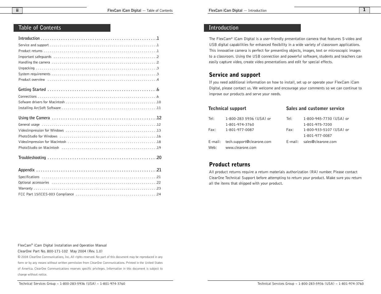 Service and support, Product returns, Table of contents introduction | ClearOne comm FlexCam User Manual | Page 2 / 14
