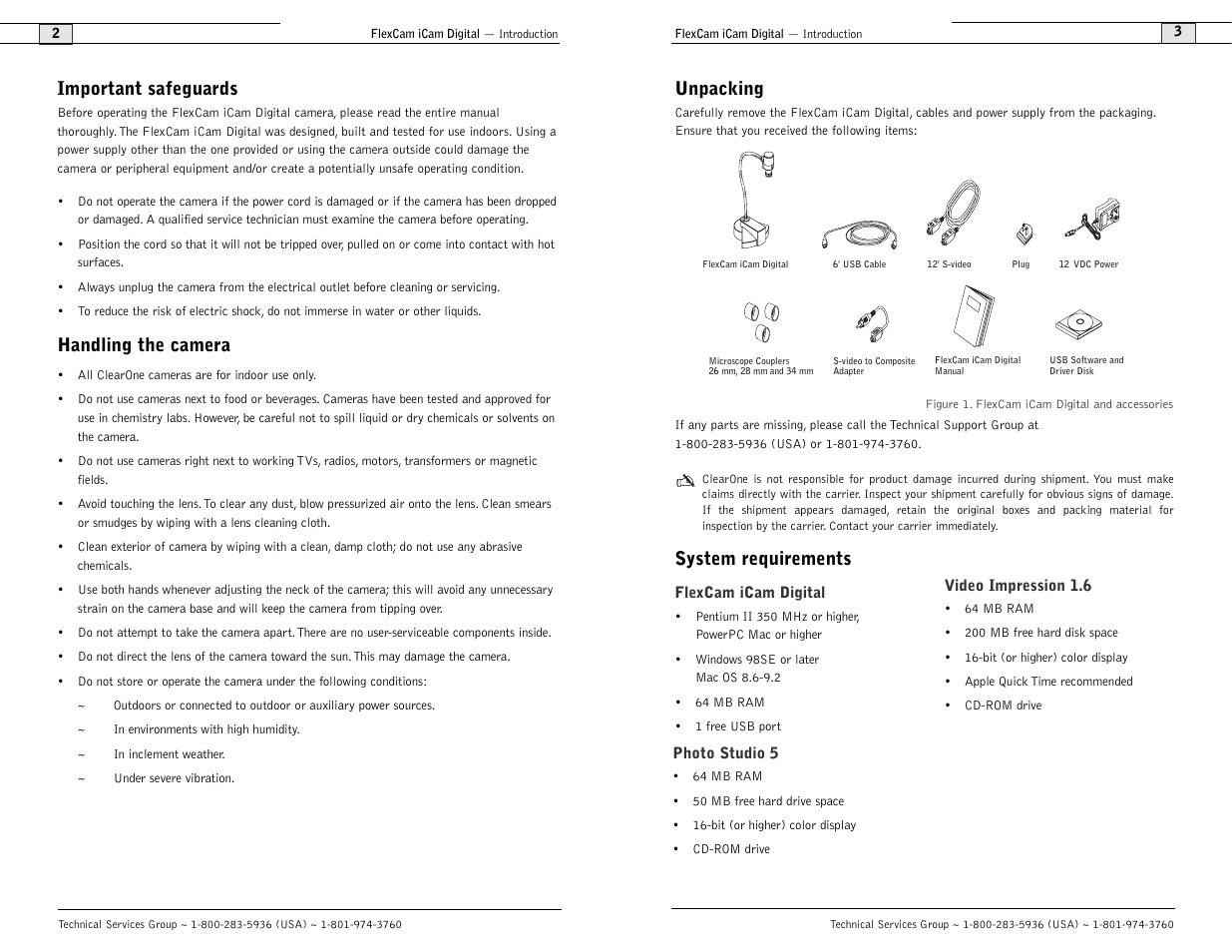 Unpacking, System requirements, Important safeguards | Handling the camera | ClearOne comm FlexCam User Manual | Page 3 / 14