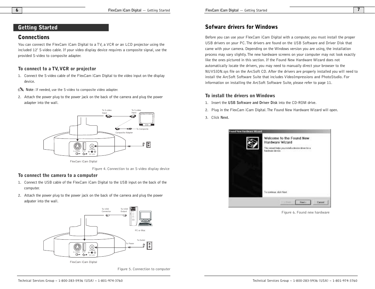Sofware drivers for windows, Connections, Getting started | ClearOne comm FlexCam User Manual | Page 5 / 14