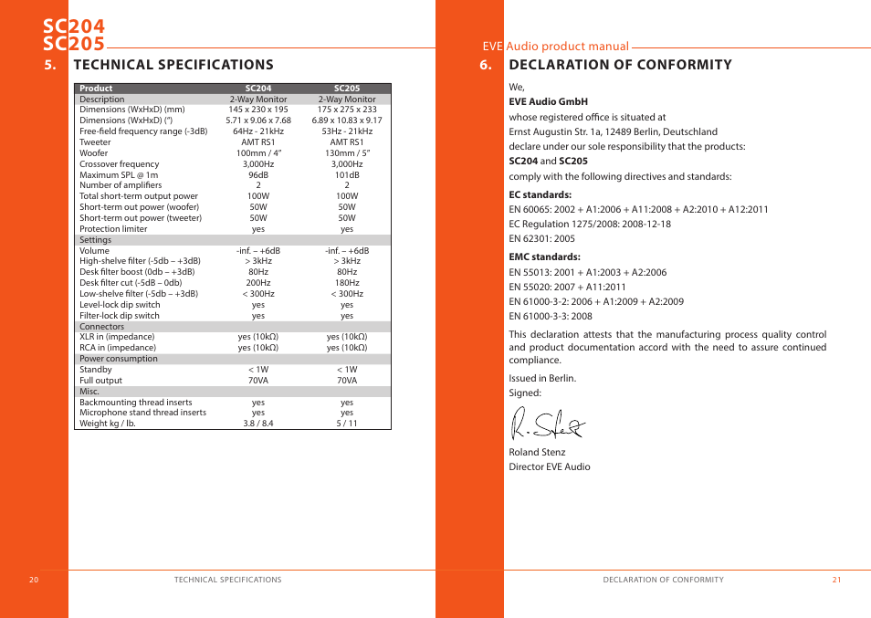 Technical specifications, Declaration of conformity | EVE audio SC205 - User manual User Manual | Page 11 / 13