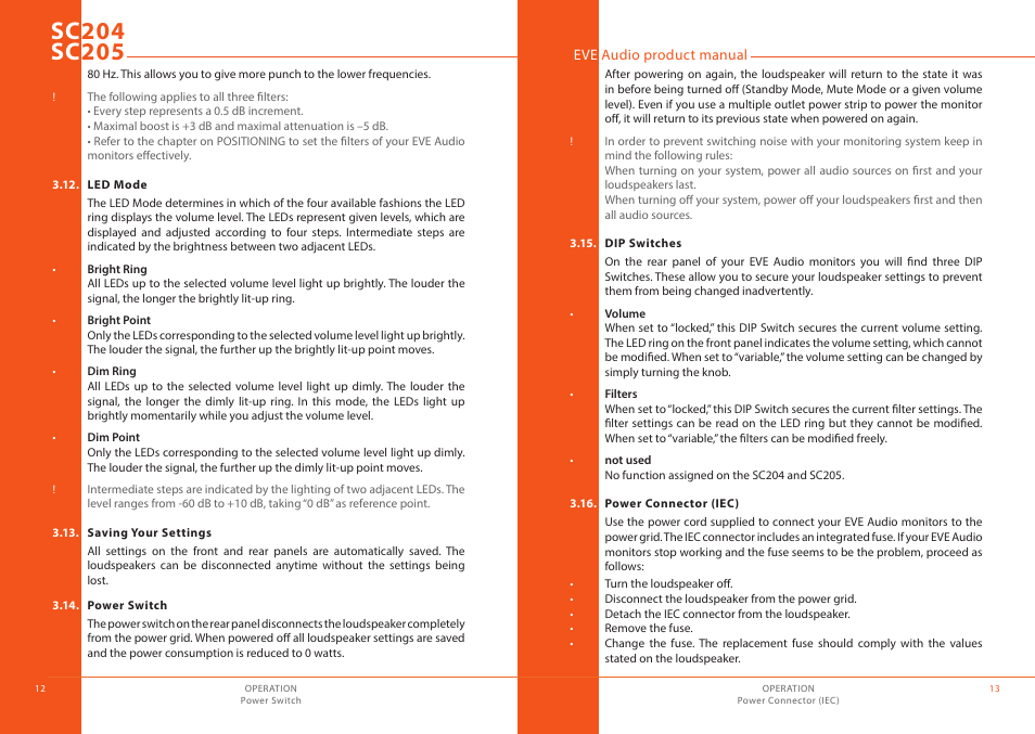 Led mode, Saving your settings, Power switch | Dip switches, Power connector (iec) | EVE audio SC205 - User manual User Manual | Page 7 / 13