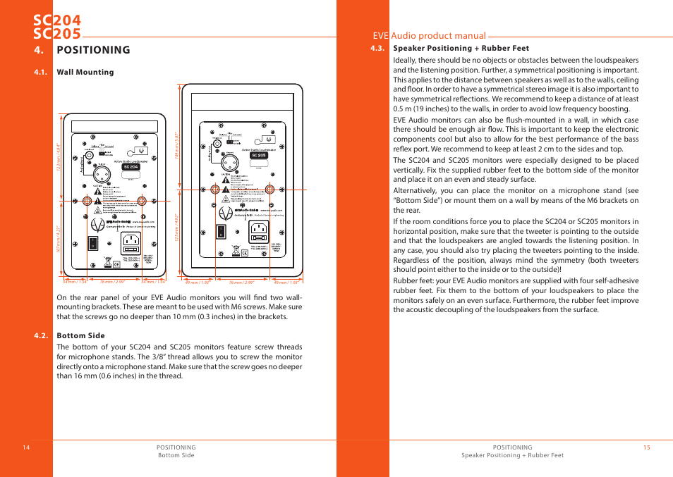 Positioning, Wall mounting, Bottom side | Speaker positioning + rubber feet | EVE audio SC205 - User manual User Manual | Page 8 / 13