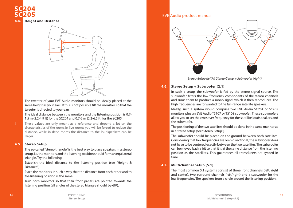Height and distance, Stereo setup, Stereo setup + subwoofer (2.1) | Multichannel setup (5.1) | EVE audio SC205 - User manual User Manual | Page 9 / 13