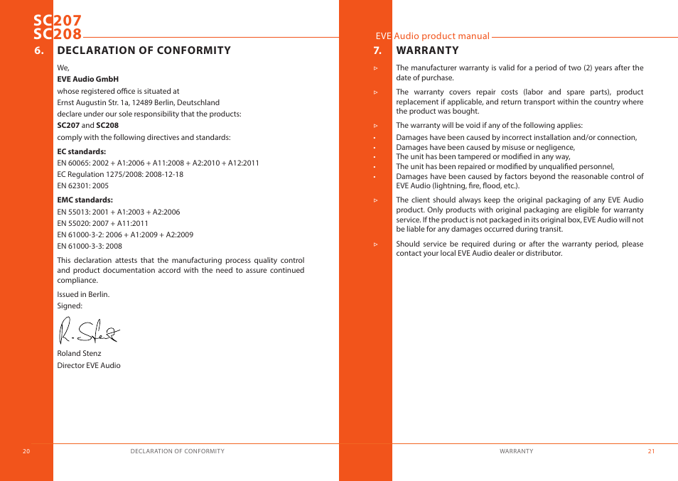 Declaration of conformity, Warranty | EVE audio SC208 - User manual User Manual | Page 11 / 13