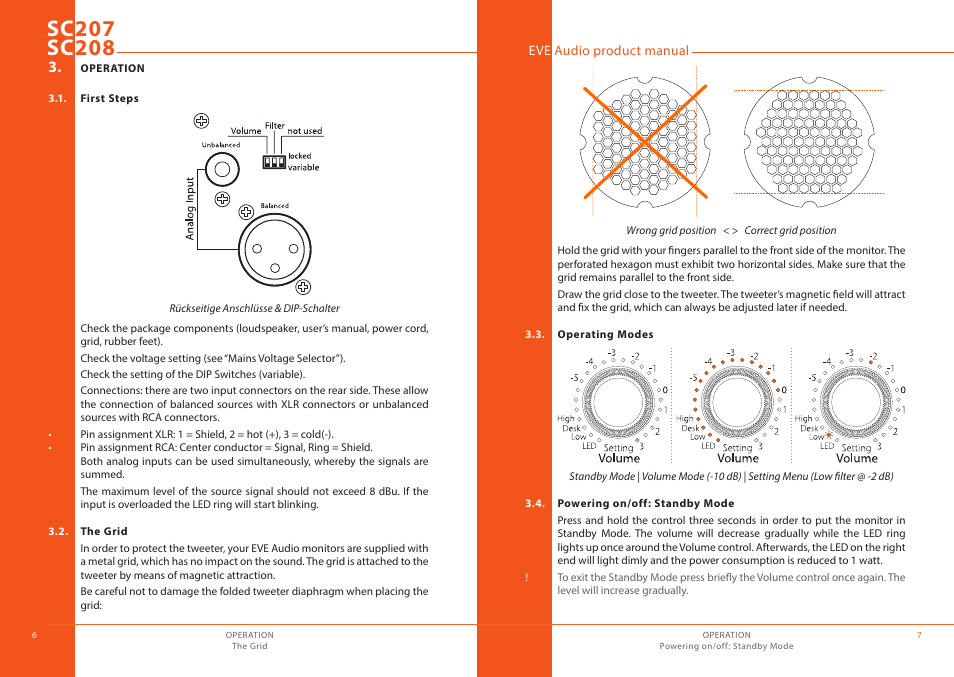 Operation, First steps, The grid | Operating modes, Powering on/off: standby mode | EVE audio SC208 - User manual User Manual | Page 4 / 13