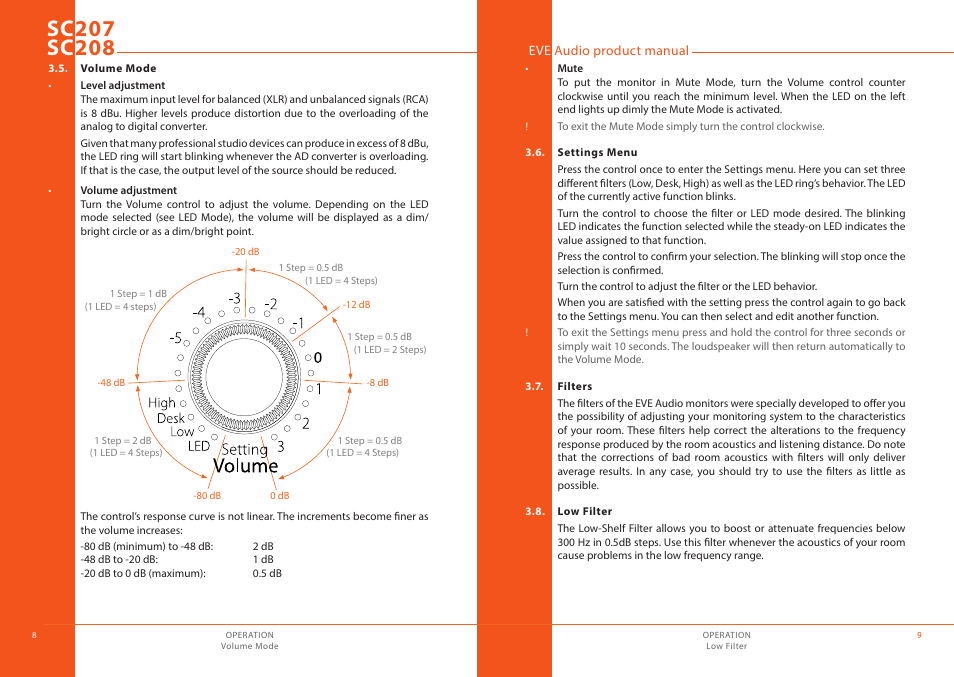 Volume mode, Settings menu, Filters | Low filter, Filters 3.8 | EVE audio SC208 - User manual User Manual | Page 5 / 13