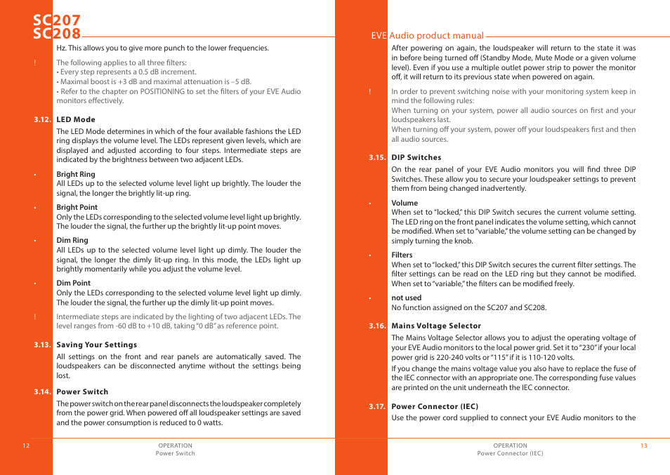 Led mode, Saving your settings, Power switch | Dip switches, Mains voltage selector, Power connector (iec) | EVE audio SC208 - User manual User Manual | Page 7 / 13