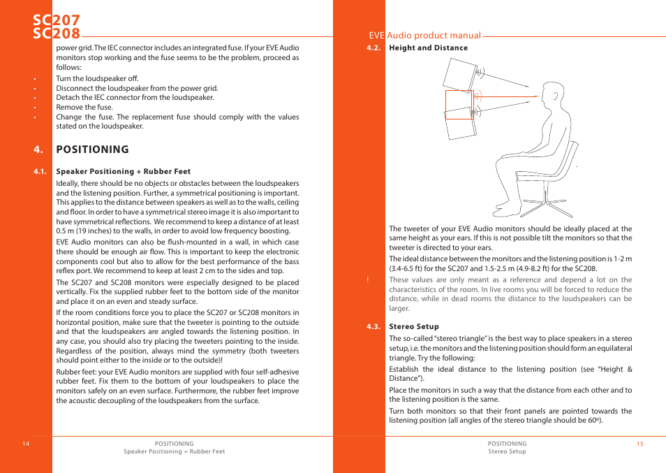 Positioning, Speaker positioning + rubber feet, Height and distance | Stereo setup | EVE audio SC208 - User manual User Manual | Page 8 / 13