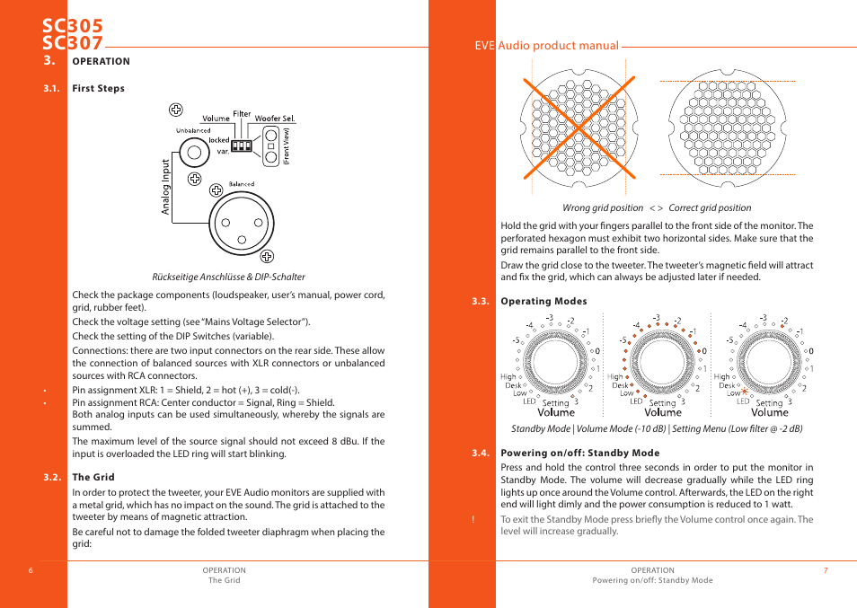 Operation, First steps, The grid | Operating modes, Powering on/off: standby mode | EVE audio SC307 - User manual User Manual | Page 4 / 13