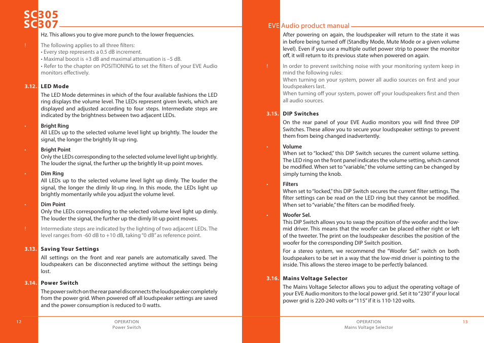 Led mode, Saving your settings, Power switch | Dip switches, Mains voltage selector | EVE audio SC307 - User manual User Manual | Page 7 / 13