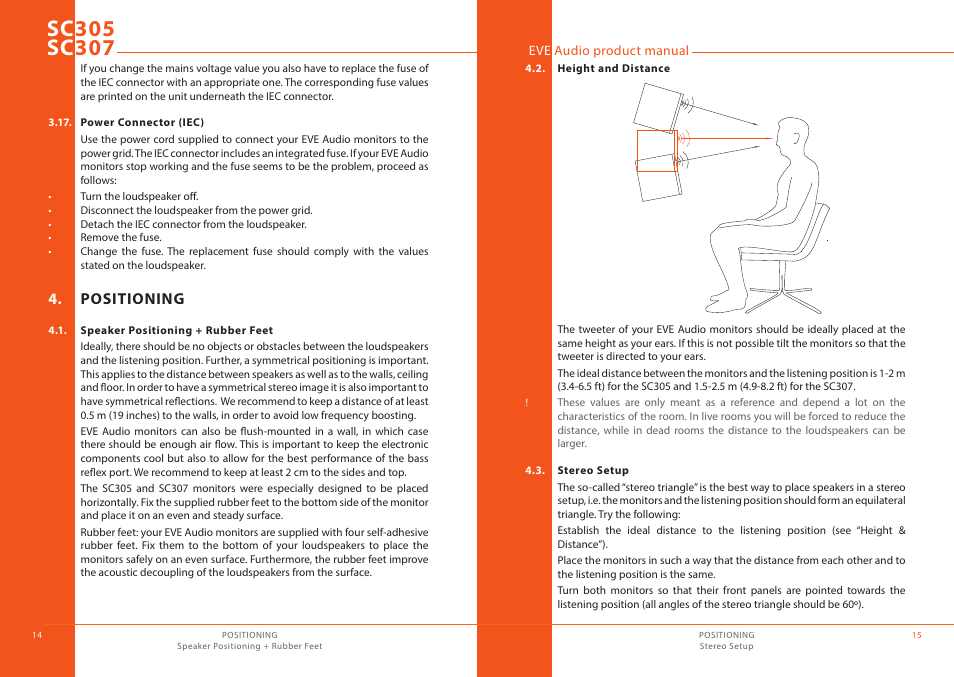 Power connector (iec), Positioning, Speaker positioning + rubber feet | Height and distance, Stereo setup | EVE audio SC307 - User manual User Manual | Page 8 / 13