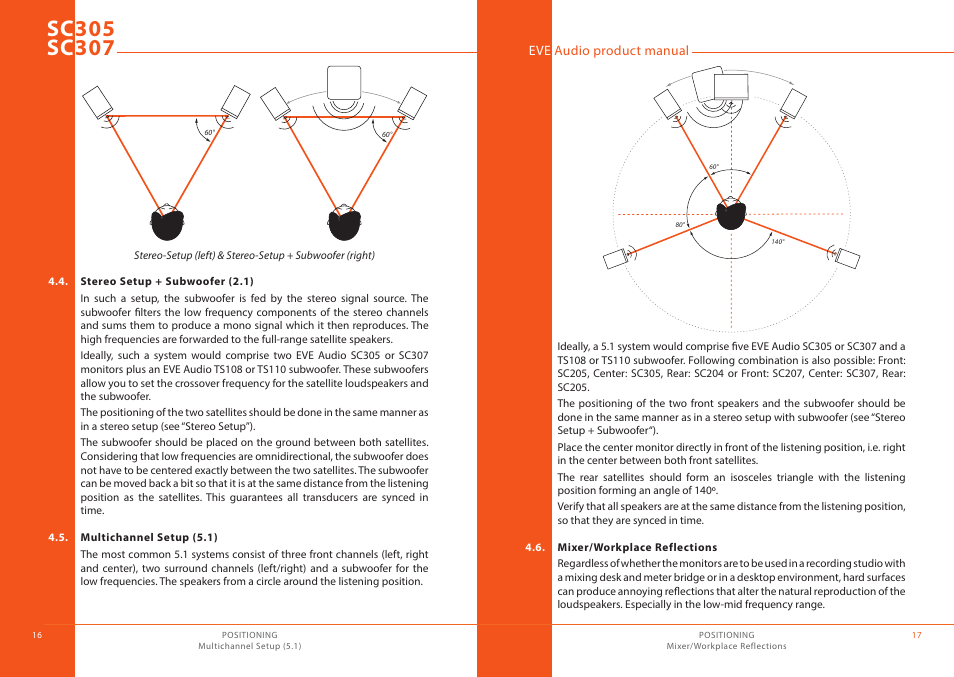 Stereo setup + subwoofer (2.1), Multichannel setup (5.1), Mixer/workplace reflections | EVE audio SC307 - User manual User Manual | Page 9 / 13