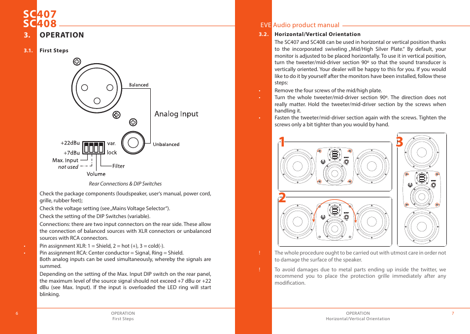 Operation, First steps, Horizontal/vertical orientation | EVE audio SC408 - User manual User Manual | Page 4 / 13