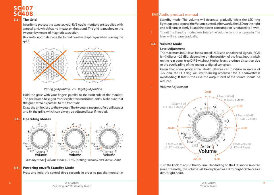 The grid, Operating modes, Powering on/off: standby mode | Volume mode | EVE audio SC408 - User manual User Manual | Page 5 / 13