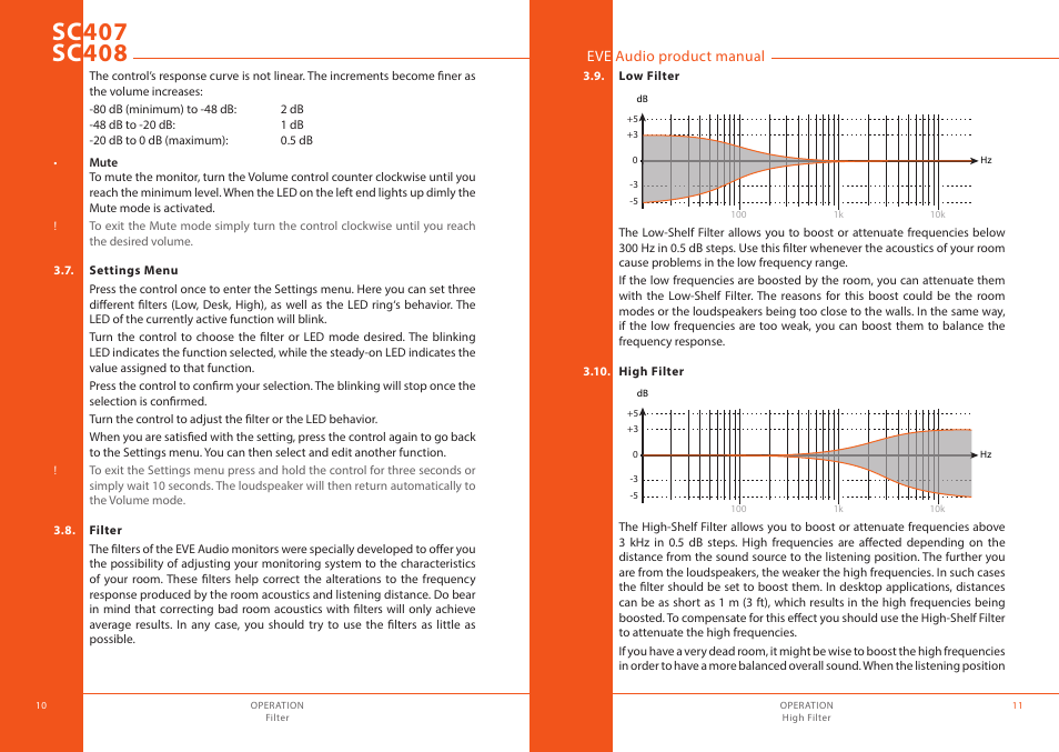 Settings menu, Filter, Low filter | High filter, Filter 3.9 | EVE audio SC408 - User manual User Manual | Page 6 / 13