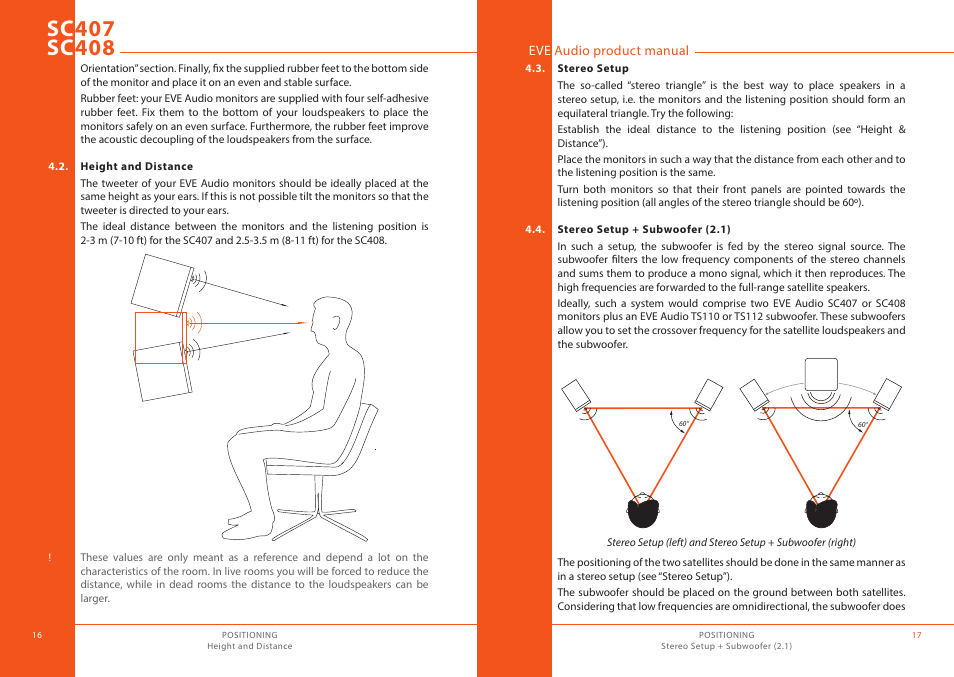 Height and distance, Stereo setup, Stereo setup + subwoofer (2.1) | EVE audio SC408 - User manual User Manual | Page 9 / 13