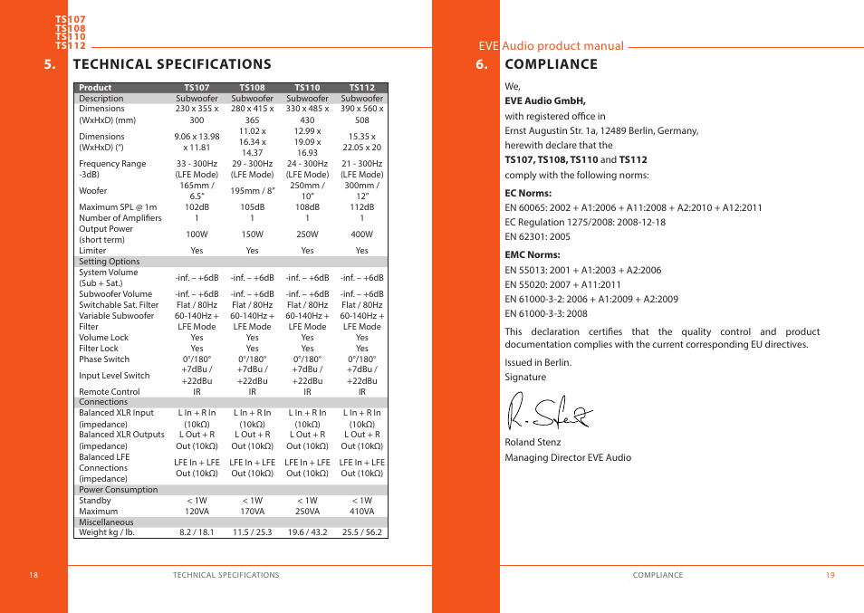 Technical specifications, Compliance | EVE audio TS112 - User manual User Manual | Page 10 / 13