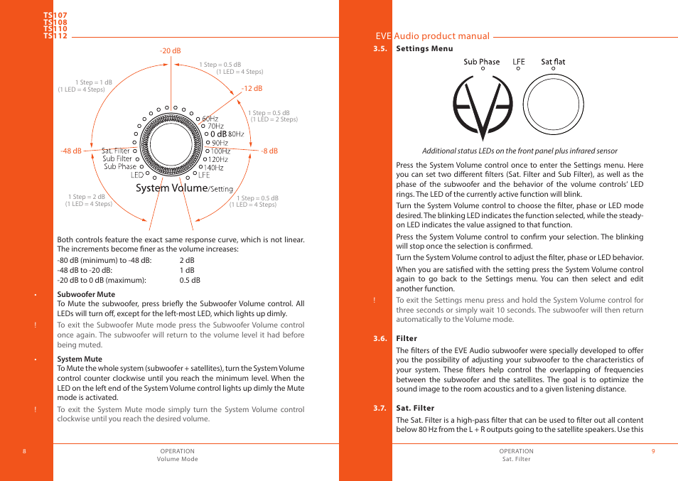 Settings menu, Filter, Sat. filter | Filter 3.7 | EVE audio TS112 - User manual User Manual | Page 5 / 13