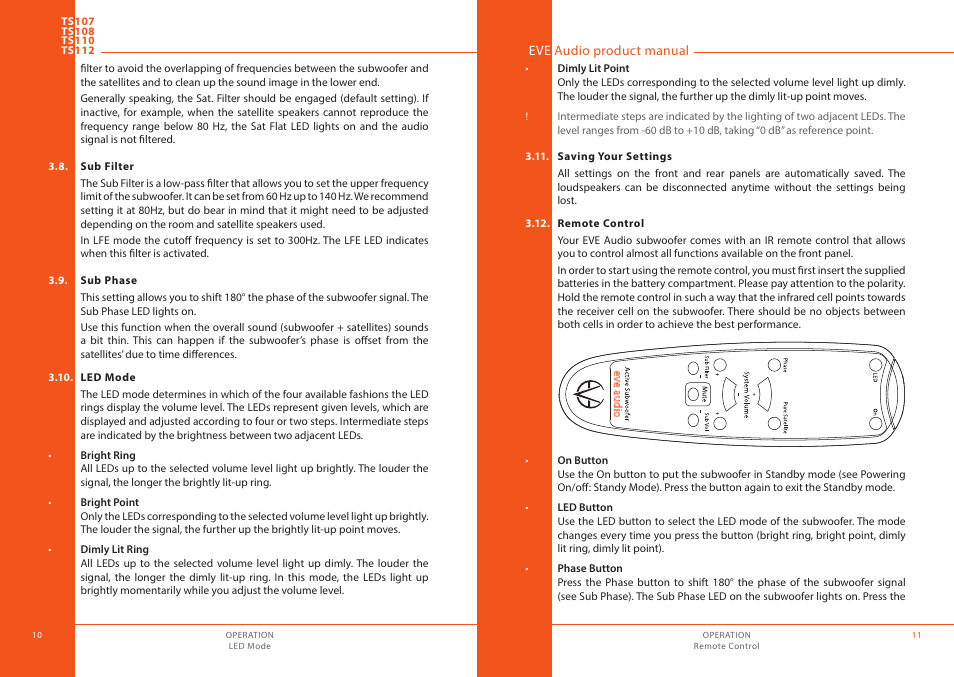Sub filter, Sub phase, Led mode | Saving your settings, Remote control | EVE audio TS112 - User manual User Manual | Page 6 / 13