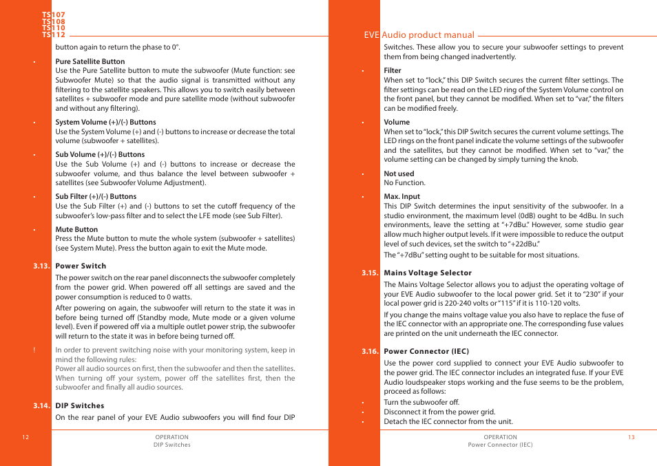 Power switch, Dip switches, Mains voltage selector | Power connector (iec) | EVE audio TS112 - User manual User Manual | Page 7 / 13