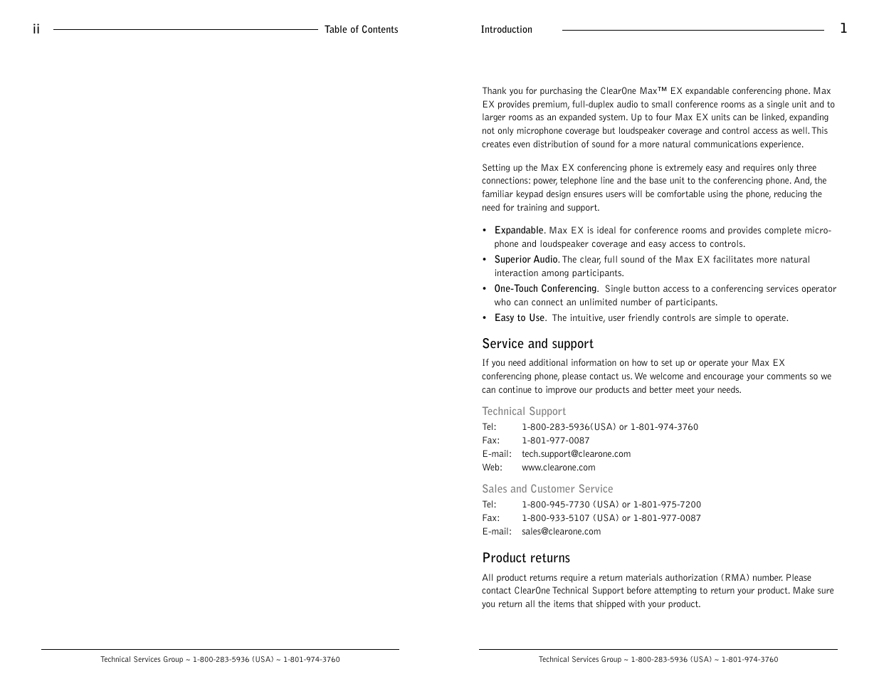 Service and support, Product returns | ClearOne comm MaxTM EX User Manual | Page 2 / 10