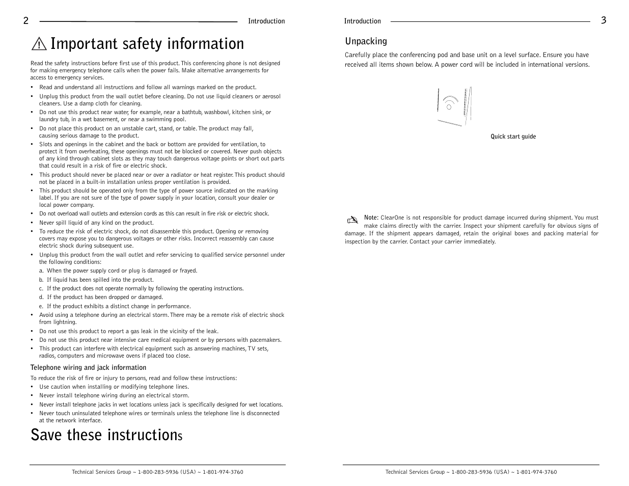 Important safety information, Save these instruction | ClearOne comm MaxTM EX User Manual | Page 3 / 10