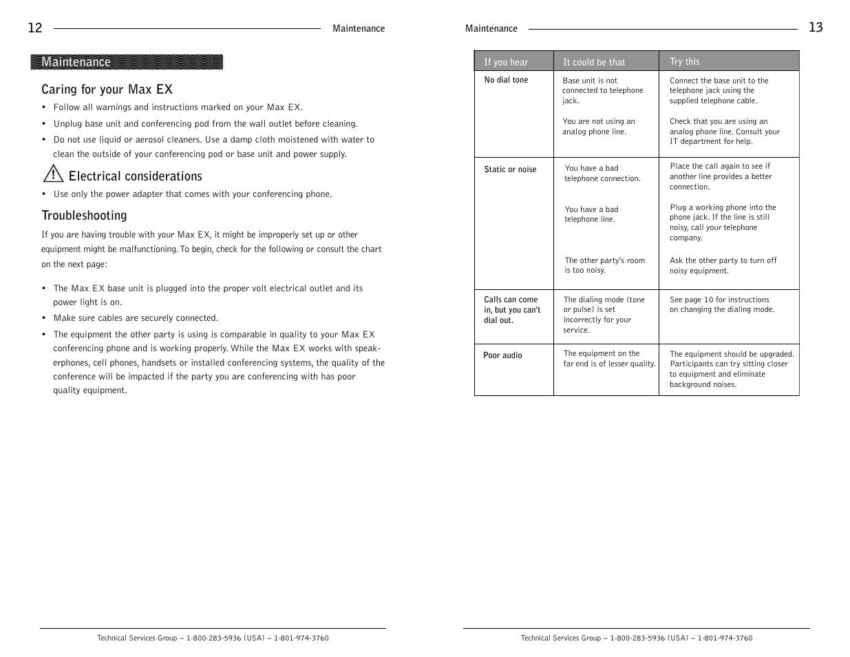 12 caring for your max ex, Electrical considerations, Troubleshooting | Maintenance | ClearOne comm MaxTM EX User Manual | Page 8 / 10