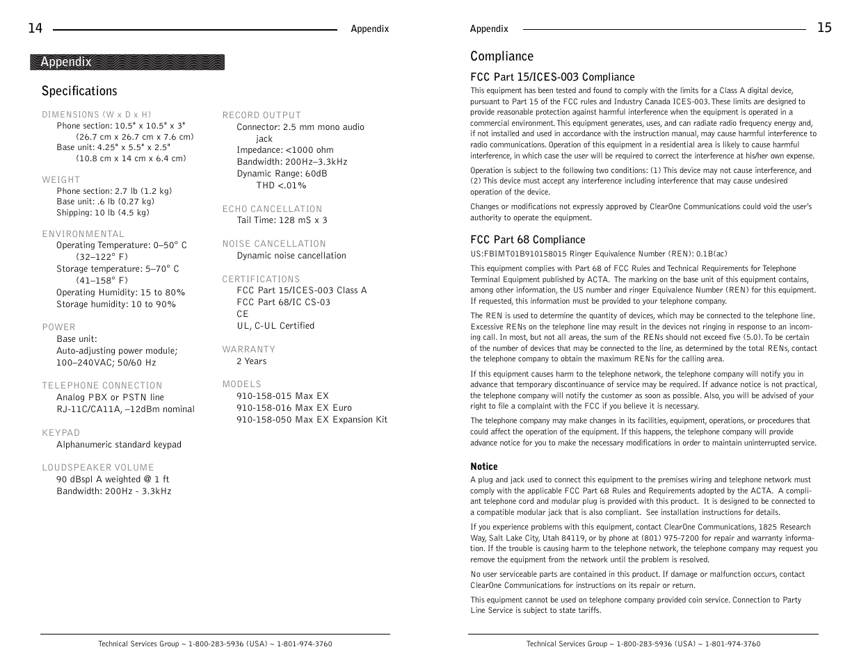 14 appendix, Specifications compliance | ClearOne comm MaxTM EX User Manual | Page 9 / 10